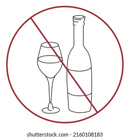Glass, bottle and prohibition sign on white background. Alcoholi