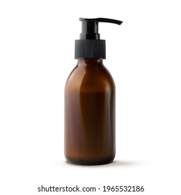 Glass bottle with pump 3d realistic vector illustration, isolated. Mockup container with dispenser for liquid cosmetic product: soap, shampoo, gel, lotion