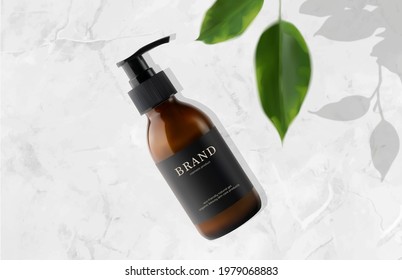 Glass bottle with pump and defocused leaves on luxury marble background 3d realistic vector illustration, top view. Concept of natural cosmetic skin care, body care, or hair care