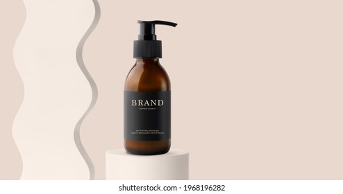 Glass bottle with pump on cylinder podium stage and wave decor 3d realistic vector illustration, isolated. Skincare product ads mockup cosmetic product on beige background banner. Minimalist scene