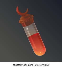 Glass bottle with red elixir and lid for game design. Gain to pass the level. Template for mobile, client and browser applications. Volumetric vector colorful object for stylization.