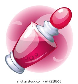 Glass bottle with red liquid closed tube isolated on white background. Vector cartoon close-up illustration.