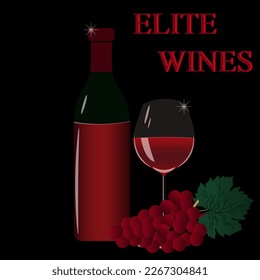 Glass and bottle of red wine with beautiful highlights and grapes on style black background with inscription elite wine. Banner template for the winery.