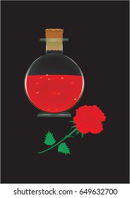 Glass bottle with red wine closed by a cork and red rose on a black background, art creative modern vector illustration.