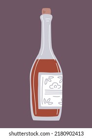 Glass bottle of red wine with cork. A pleasant alcoholic drink. Wine drink label, emblem for bar, restaurant. Flat vector isolated illustration