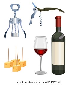 Glass and bottle of red wine, corkscrew and cheese. Vector illustration