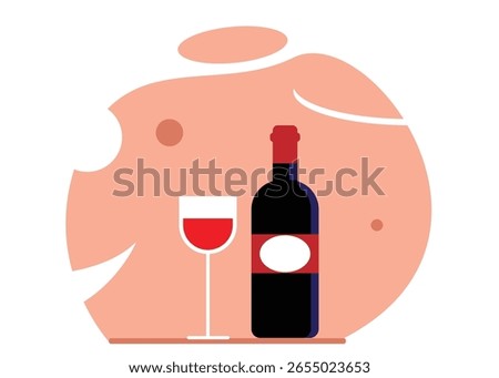 Glass and Bottle of Red Wine Flat Style. Alcoholic drinks and beverages vector art