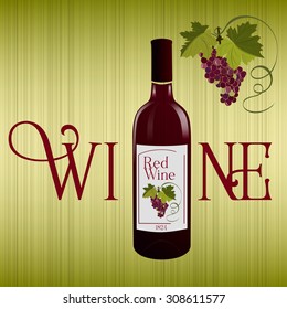 Glass Bottle of red wine with grape vine, isolated. Detailed Vector Icon. Striped background. Classic cover for Wine List menu in restaurant.