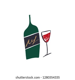 Glass and bottle of red wine set, hand drawn sketch. Logo, label