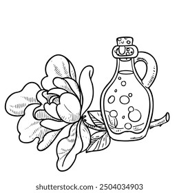 Glass bottle of rose oil closed with a stopper and next to it a large rose flower doodle. Image produced without the use of any form of AI software at any stage.