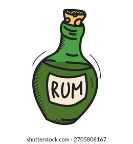 Glasflasche mit Rum-Doodle-Symbol, Vektor einzeln. Handgezeichnete Illustration eines Piratengetränks. Alkohol in einer Flasche.