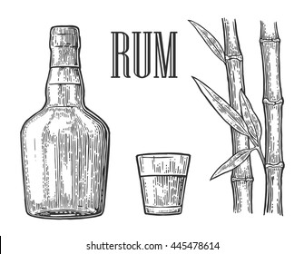 Glass And Bottle Of Rum With Sugar Cane. Vintage Vector Engraving Illustration For Label, Poster, Web, Invitation To Party. Isolated On White Background