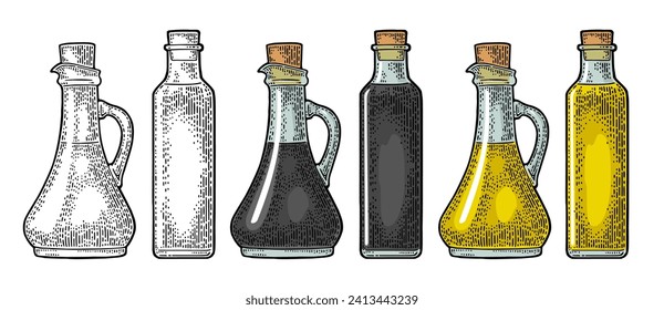 Glass bottle for sauce or oil with cork stopper. Vector color vintage engraving illustration. Isolated on white background