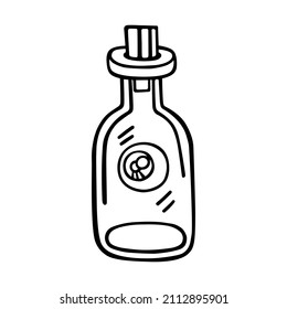 A glass bottle with a scary human eye inside. Funny vector illustration of doodles in cartoon style. Isolated. A magic flask with eyes. For postcards, posters, Halloween, tattoos, coloring books.