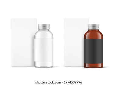 Glass bottle with screw cap mockup with box. Can be used for medical, cosmetic, food. Vector illustration isolated on white background. EPS10.