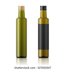 Glass bottle with screw cap for olive oil or vinegar. Different shades of green, black label example. Template for product design. Packaging collection.