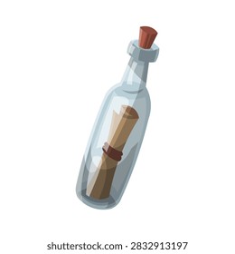 A glass bottle with scroll paper inside. Message in a bootle. Love letter, treasure map. Vector illustration.