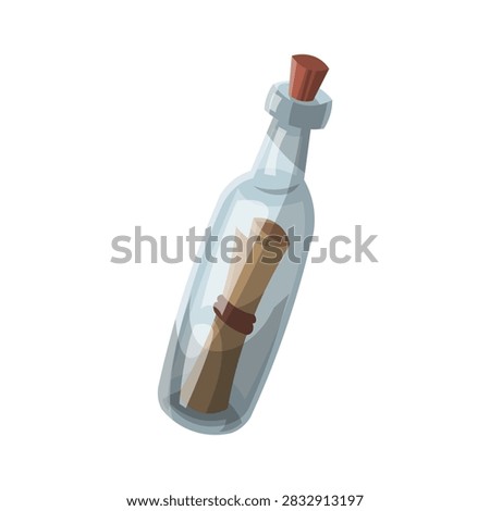 A glass bottle with scroll paper inside. Message in a bootle. Love letter, treasure map. Vector illustration.