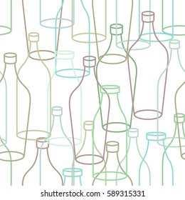 Glass bottle seamless pattern. empty transparent Bottles background. Retro texture of fabric