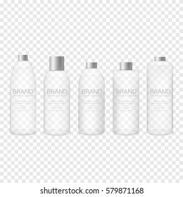 Glass bottle set. Package collection for toner, soups, foams, shampoo and other cosmetics