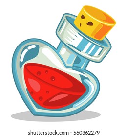 Glass bottle in the shape of a heart with red liquid. Cartoon vector illustration isolated on white background.