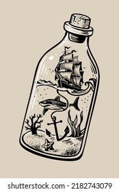 Glass bottle with ship inside. Hand drawn vintage