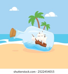 Glass bottle with ship inside with sea on island vector illustration