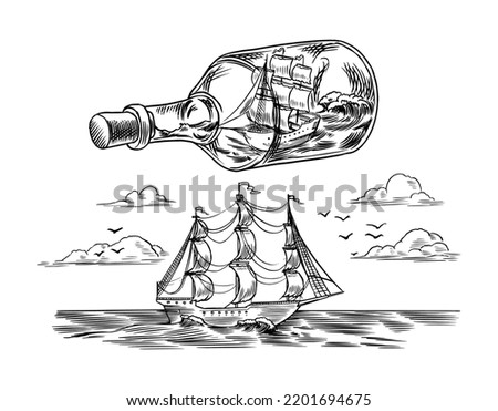 Glass bottle with a ship. Sailing crafts. Pirate Marine vessels. Nautical sailboat on the waves in the sea. Engraved hand drawn, vintage sketch for tattoo or print on t-shirt.