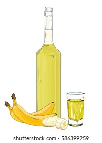 Glass bottle and shot with banana liqueur vector illustration. Banana syrup on a white background