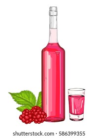 Glass bottle and shot with raspberry liqueur vector illustration. Raspberry syrup on a white background