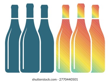 Glass bottle silhouettes, beverage containers, colorful line art, alcohol supply icons.
