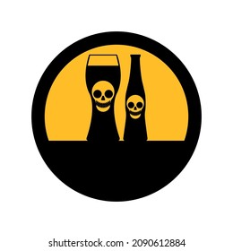 Glass and bottle with a skull, black and yellow colors, round sign for design on a white background, vector illustration