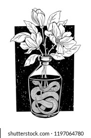 Glass bottle with a snake inside and flowers. Vector hand drawn inked illustration isolated on white background. T-Shirt Design and Printing, clothes, bags, posters, invitations, cards, tattoo etc.