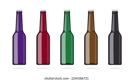 Botella de vidrio soda o cerveza color negro verde aislado en conjunto vectorial blanco o bebidas de limonada vacío plantillas de maquillaje rojo púrpura imagen de diseño gráfico