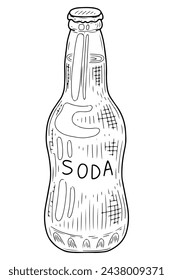 Glass bottle with soda drink sketch. Carbonated sweet lemonade. Hand drawn vector line illustration.