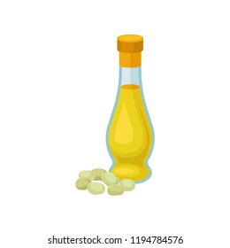 Glass bottle of soya oil, healthy vegetarian food vector Illustration on a white background