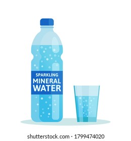 Glass Bottle And Glass Of Sparkling Mineral Water, Isolated On White Background. Mineralized Drinking Water. Vector Illustration, Flat Design Cartoon Style.