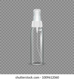 Glass bottle of spray for freshness, application to the body. Tube gel for moisturizing. Cosmetic tube mockup design. Realistic mock-up, transparent. Cosmetic ads template. Vector illustration.