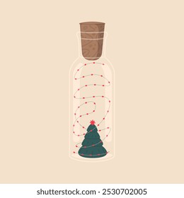 Una botella de vidrio con un tapón y luces de Navidades en el interior, un árbol de Navidad verde con una estrella roja en su parte superior. La botella está hecha de simples Elementos delgados sobre un fondo naranja claro.