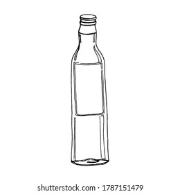  Botella de vidrio para almacenar líquido. Dibujo vectorial en blanco y negro. Para el diseño de tarjetas de vacaciones, invitaciones, menús, pegatinas, íconos, etiquetas, empaques, carteles.