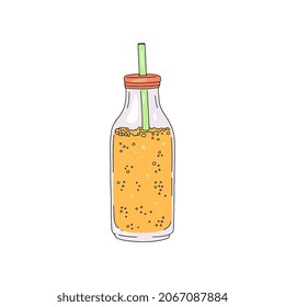 Botella de vidrio con paja en taza de bebida refrescante detox o cóctel de fruta mezclado suavemente, ilustración vectorial dibujada a mano aislada en fondo blanco.