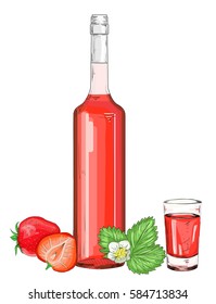 Glass bottle with strawberry alcohol liqueur vector illustration. Red shot glass with strawberry on a white background isolated. Berry syrup.