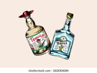  Glass Bottle with strong drink. Cheers toast. Vintage Mexican tequila badge. Alcoholic Label for poster banner. Hand Drawn engraved sketch lettering for t-shirt.