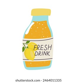 Glass bottle of summer citrus lemonade. Refreshing cold detox drink. Hand drawn vector illustration