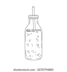 Glass bottle of summer refreshing drink with straw in cap, hand drawn vector illustration isolated on white background. Bottle with juice or smoothie drink.
