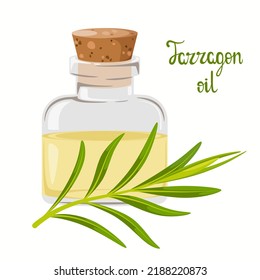 Glass Bottle With Tarragon Oil On A White Background.
