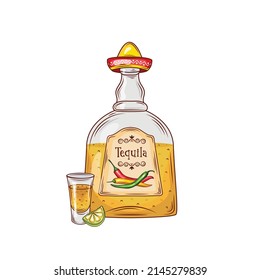 Glass and bottle of tequila, salt and slice of lime.Vintage vector engraving illustration for label, poster, web, invitation to a party.