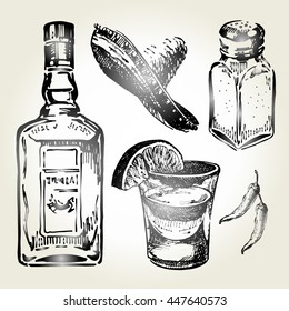 Glass and bottle of tequila. Sombrero, salt, pepper and lime. Hand drawn sketch set of alcoholic cocktails. Vector illustration