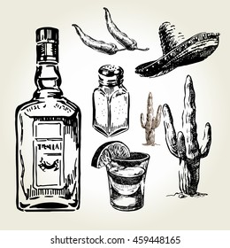 Glass and bottle of tequila. Sombrero, salt, pepper, cactus and lime. Hand drawn sketch set of alcoholic cocktails. Vector illustration