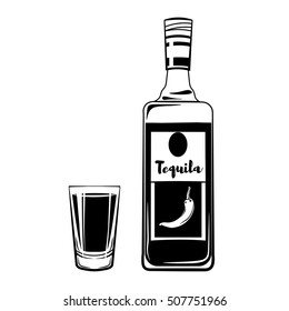 Glass and bottle of tequila, Vintage vector Elements. Isolated On White Background